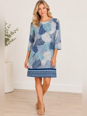 Jean-Pierre Klifa Leaf-Print Blue & Gray Midi Shift Dress Size Medium